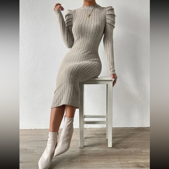 Elegant Mock Neck Puff Long Sleeve Ribbed Knit Bodycon Dress - Picture 12 of 16
